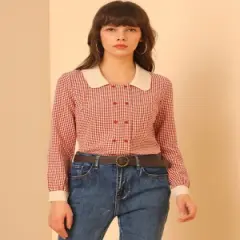 Allegra K Women's Contrast Peter Pan Collar Blouse Gingham Long Sleeve Button Front Shirt