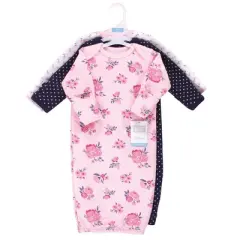 Hudson Baby Infant Girl Quilted Cotton Long-Sleeve Gowns 3pk, Pink Navy Floral, 0-6 Months