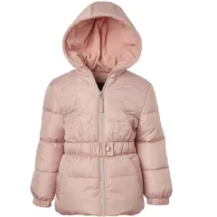 Pink Platinum Little Girl Heart Quilt Puffer Jacket with Belt Detail
