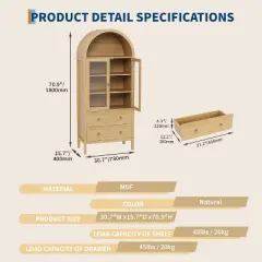 Arched Pantry Cabinet, 71" Tall Freestanding Food Storage Cabinet with 2 Large Drawers, Versatile Cupboard for Dining Room, Natural