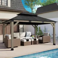 Aoodor 12 x 14 ft Wood Gazebo, Upgrade Cedar Wooden Frame Gazebo with 2-Tier Galvanized Steel Roof and Socket Outlet for Patio, Backyard, Deck