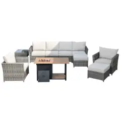 Tenaya 10pc Wicker Outdoor Patio Furniture Set Conversation Sofa with a Storage Fire Pit and Cushions