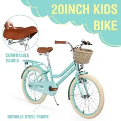 YONWAY 20 Inch Girls Bike, Princess Girls Kids Single Speed Bike, Beach Cruiser for Kids, With Basket And Bell Adjustable Seat Height For Kids