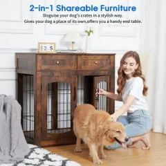 Dog Crate Furniture with Cushion, Wooden Dog Kennel Indoor with Double Doors & 2 Drawers, Dog House Side End Table for Small Medium Dogs