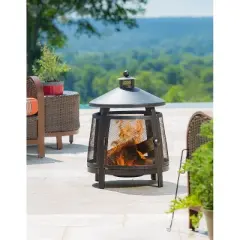Evergreen Tall Fire Pit with Chimney- 22 x 31 x 22 Inches Outdoor Safe and Weather Resistant with Spark Guard, Fire Pan, and Poker