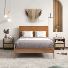 Tangkula 2PCS Bamboo Rattan Nightstand Boho Bedside End Table w/ Drawer Wood Legs