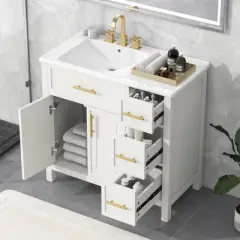 36" Bathroom Vanity with Sink Top, 2 Doors and 3 Drawers, Off White  4W - ModernLuxe