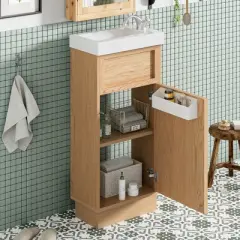 GDFStudio Morr 15.75" Farmhouse Bathroom Vanity with Reversible Resin Sink, Door and Adjustable Shelf