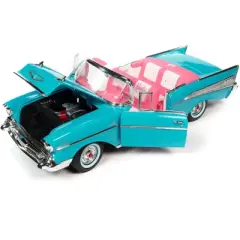 1957 Chevrolet Bel Air Convertible Aqua Blue w/Pink Interior Barbie Silver Screen Machines 1/18 Diecast Model Car by Auto World