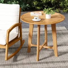 Tangkula 31.5" Patio Dining Table Round Teak Wood Dining Table w/ Slatted Tabletop Garden