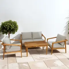 Outsunny 4 Pieces Acacia Wood Patio Furniture Set, Outdoor Sofa Conversation Set with Thickened Cushions, Slat Top Table for Backyard Garden, Teak
