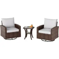 Jojoka 3-Piece Outdoor Swivel Rocking Chair Set with Side Table, High Back Wicker Glider Chairs, Comfortable Patio Furniture for Porch, Deck, Yard