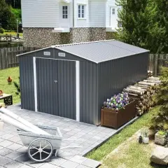 9&times;11 FT Metal Storage Shed with 3 Lockable Doors and 4 Vents, Outdoor Utility Garden Tool Shed, Steel Waterproof Backyard Storage Shed-Coolbibila