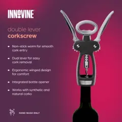 Innovine Double Lever Corkscrew, Ergonomic Winged Wine Opener with Non-stick Worm, Durable and Easy to Use, Perfect for Home Bar, Set of 1, Graphite