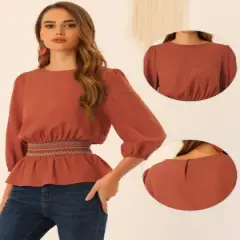 Allegra K Women's 3/4 Sleeve Round Neck Smocked Waist Peplum Blouse