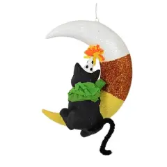 Bethany Lowe 5.25 In Party Kitty On Candy Corn Moon Halloween Tree Ornament , Halloween Decor Halloween Black Cat Mouse (1PC)