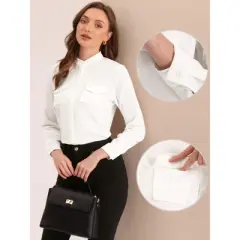 Allegra K Women's Chest Pockets Long Sleeve Button Stand Collar Shirt