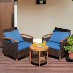 Tangkula 3PCS Patio Wicker Rattan Conversation Set Outdoor Furniture Set w/ Cushion