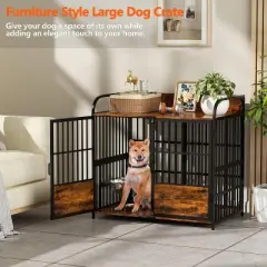 ELJGET 41" /48" Dog Crate Furniture with Adjustable Bowls, Wooden Dog Kennel, Decorative Dog Cage End Table for Small, Medium Dogs, Brown