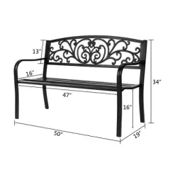 Karl Home | 47 in. Black Iron Outdoor Bench Floral Backrest
