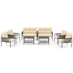 Costway 8 PCS Patio Furniture Set with Loveseat Tempered Glass Coffee Table & Soft Cushions