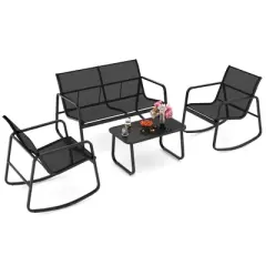 Costway 4/8 PCS Patio Rocking Set 4 Rocking Chairs & 2 Loveseat with Glass-Top Table Outdoor Black