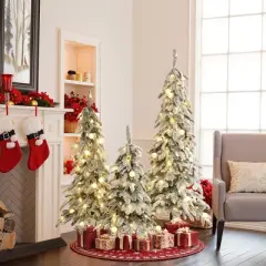 LuxenHome 3-Piece Flocked Artificial Tree Set with Lights and Metal Stand Green
