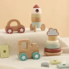 Freniland&trade; - Wooden Stacking Rocket & Vehicles Toy Set, 4 Piece Developmental Gift Box for 10M+ Toddlers