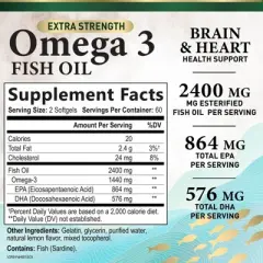 Omega 3 Fish Oil Softgels Extra Strength 2400mg EPA & DHA Heart & Brain Health - 60 Softgels;120 Softgels