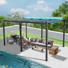 DOMETOUR 11' x 16' Outdoor Retractable Pergola with Weather-Resistant Canopy, Aluminum Patio Gazebo for Garden/Courtyard, Lake Blue