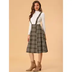 Allegra K Women's Vintage Plaid A-Line Tartan Suspender Midi Skirt