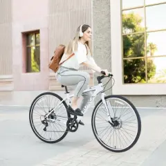 Gulches 700C White Hybrid Bicycles with 7-Speed System and Dual Disc Brakes - Unisex City Road Bike