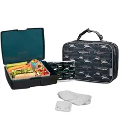 Bentology Lunch Bag and Box Set for Kids - Boys Insulated Lunchbox Tote, Bento Box, 5 Containers and Ice Pack - 9 Pieces - Sharks