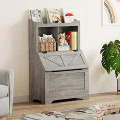 Spacious 3-tier Wooden Kids Bookcase and Toy Storage Organizer with Flip-Top Lid, Versatile Design for Playroom, Bedroom
