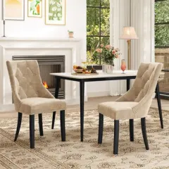 Tangkula Upholstered Dining Chairs Set of 2 Tufted Wingback Chairs w/ Solid Wood Legs