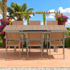 Outdoor Dining Set - Extendable Table (62.9" to 82.6") with 6 Chairs, Plastic Wood & Iron Frame, Flexible Layout for Backyard, Patio, and Garden Use