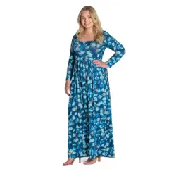 Womens Plus Size Blue Abstract Long Sleeve Pleated Maxi Dress