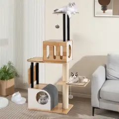 Tangkula Wood Cat Tree w/Dual Cat Condos Sturdy Metal Tubes Frame Sisal Scratching Posts