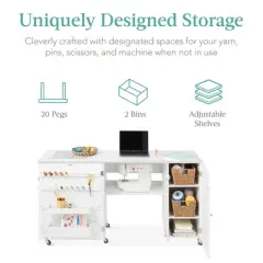 Best Choice Products Large Portable Multipurpose Folding Sewing Table w/ Magnetic Doors, Craft Storage & Bins - White