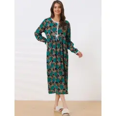 cheibear Womens Pajamas Loungewear Long Sleeve Round Neck Midi Nightgown