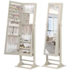 Costway Jewelry Cabinet Full-Length Mirror Lockable Jewelry Armoire with 6 Lights Beige/Natural