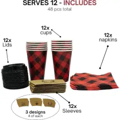 4E's Novelty 12 Pack 16 oz Buffalo Plaid Hot Cups with Lids, Napkins, Sleeves &ndash; Christmas Disposable Coffee Cups