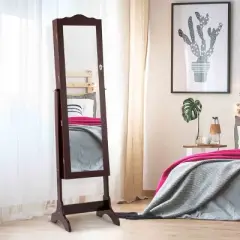 Tangkula Auto Lighting Jewelry Box Armoire Vanity Case w/ Full Length Mirror & 14 pcs LED Coffee