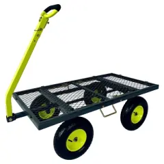 Yard Tuff 3-in-1 Dual Side Dump 24" x 48" Wagon with Fold Down Sides, 13" Pneumatic Tires, Easy Release Latch, and 1000 lb. Capacity, Grey/Green