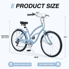 INFURNIC Bicycles 7 Speed Beach Cruiser Bike with Steel Frame and V Brakes for Women Commuter and Leisure Riding, Light Blue, 69.96"*28.32"*43.2"