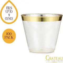 Chateau Fine Tableware 100 Pack 9Oz Plastic Cups Gold Glitter With A Gold Rim - Premium Disposable Party Cups - Elegant And Classy Sturdy Cups