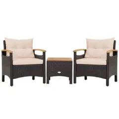 Costway Patiojoy 3PCS Patio Rattan Furniture Set Wooden Armrest Table Top Cushioned Deck Beige/Navy/Off White
