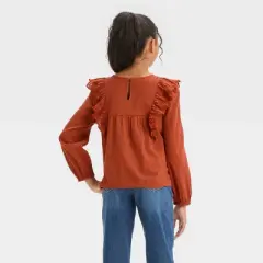 Girls' Long Sleeve Woven Ruffle Shirt - Cat & Jack&trade; Chestnut Orange