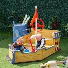 INFURNIC Baby Activity Gyms Wooden Pirate Sandbox with Bench Seats and Storage for Backyard Fun, Multicolor, 62.3"*30.8"*18"