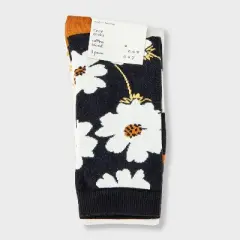 Women's Floral 3pk Crew Socks - A New Day&trade; Black/Ivory/Gold 4-10: Tagless, Smooth Toe Seams